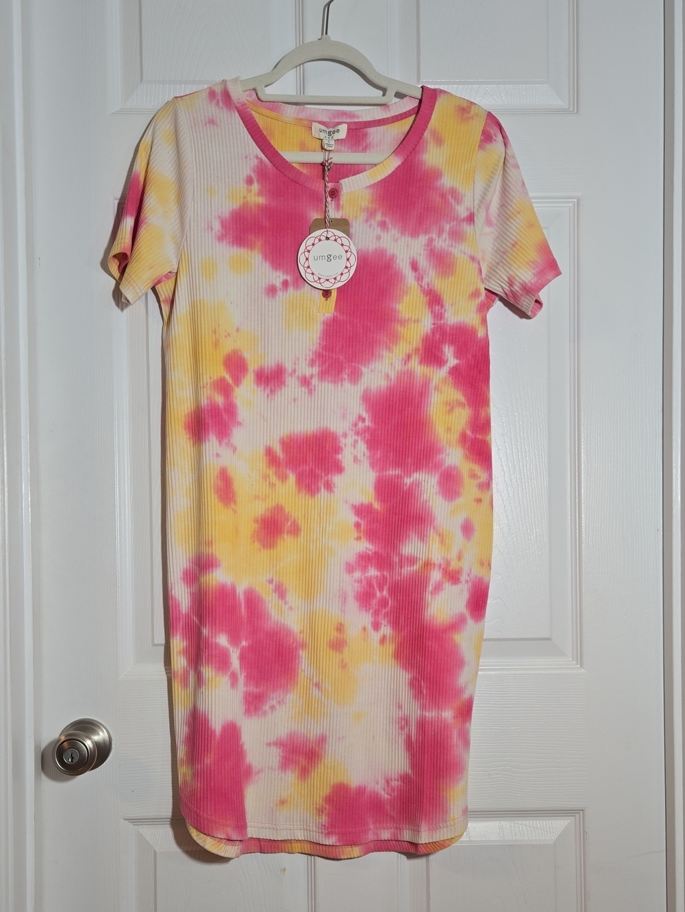 Umgee Pink and Yellow Tie-Dye Ribbed Short Sleeve Dress